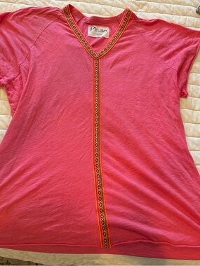 Pitusa Bright Pink Short Sleeve V-Neck Top with Embroidered Trim